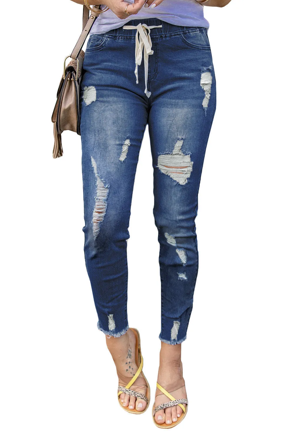 Drawstring Waist Hole Ripped Jeans