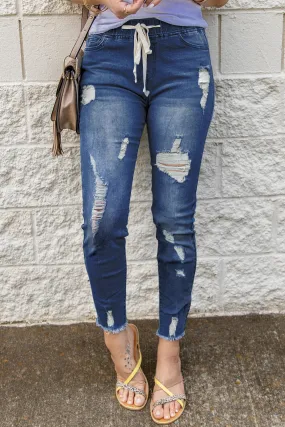 Drawstring Waist Hole Ripped Jeans