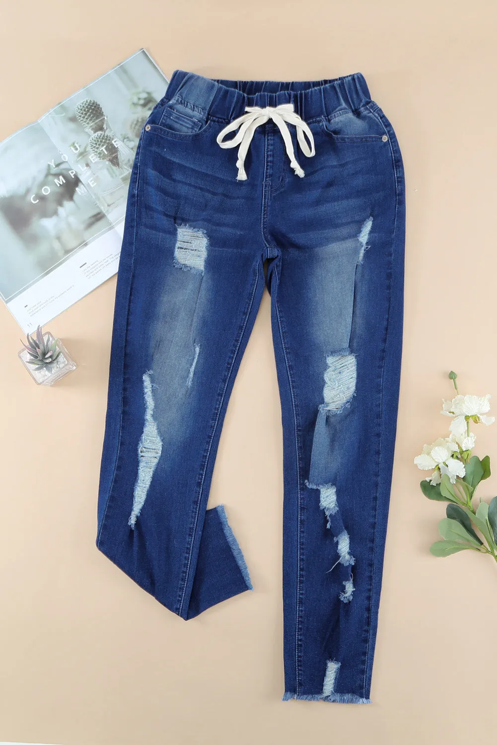 Drawstring Waist Hole Ripped Jeans