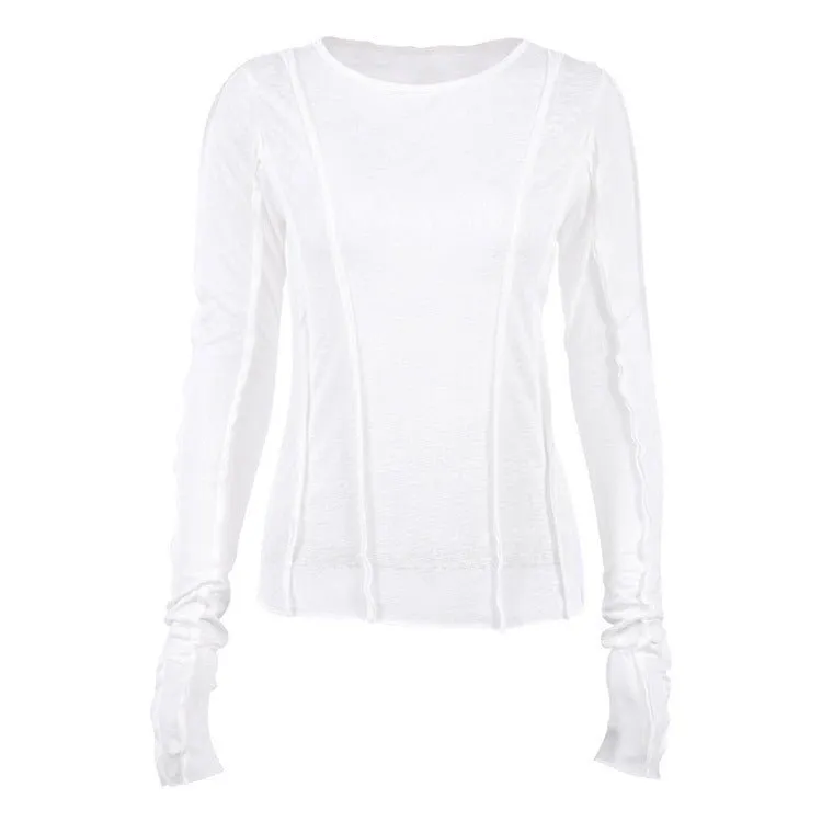 Early Autumn Long-Sleeved T-shirt Solid Color round Neck Slim Thin Temperamental Minority Stitching Women Clothing