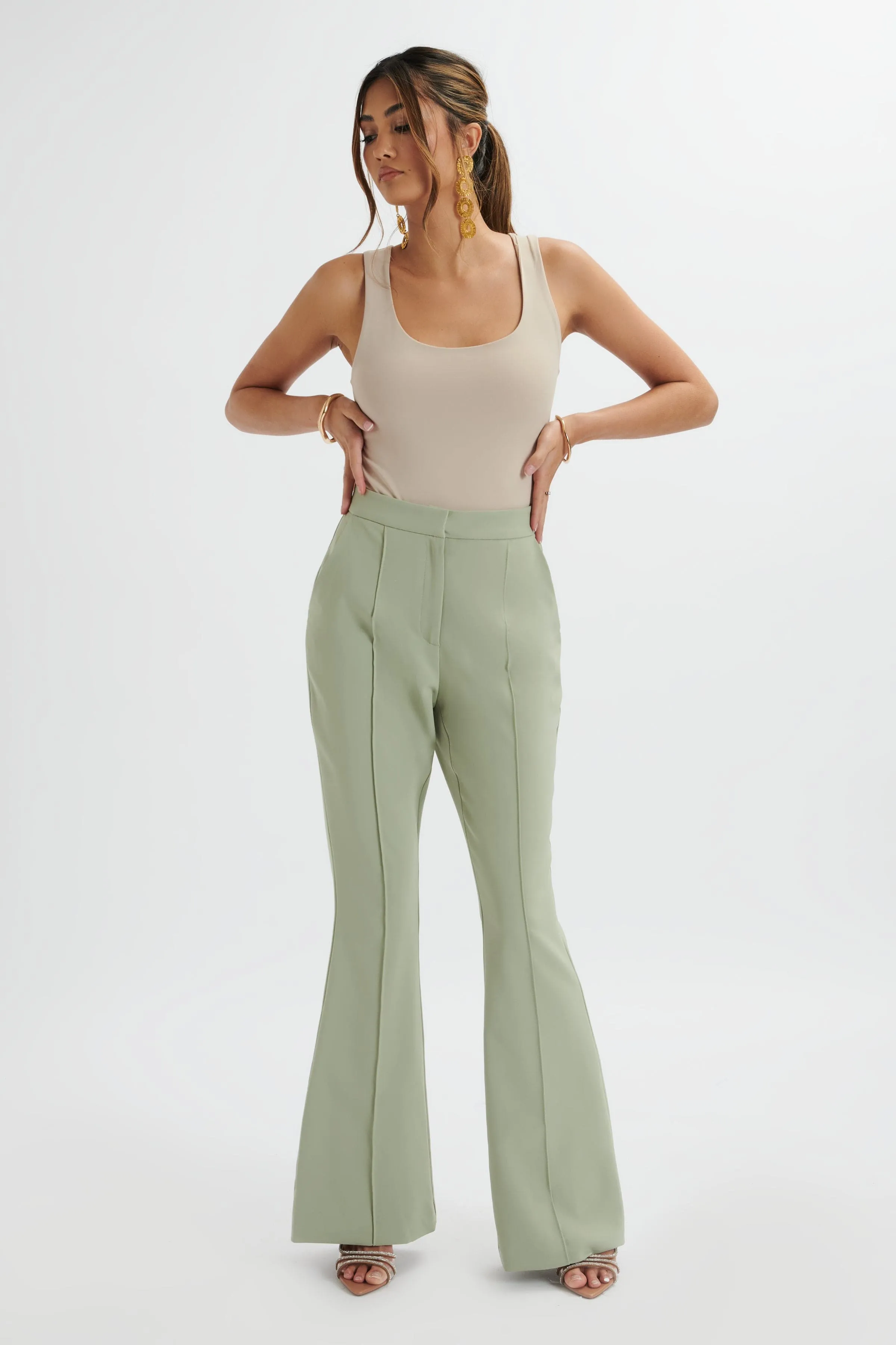 EMELIE Fit & Flare Trousers In Sage Green