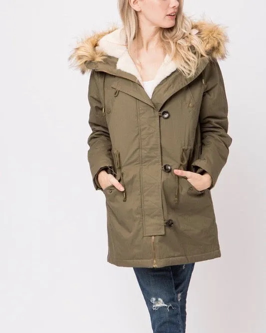 Faux Sherpa Lined Hooded Utility Parka Jacket in More Colors