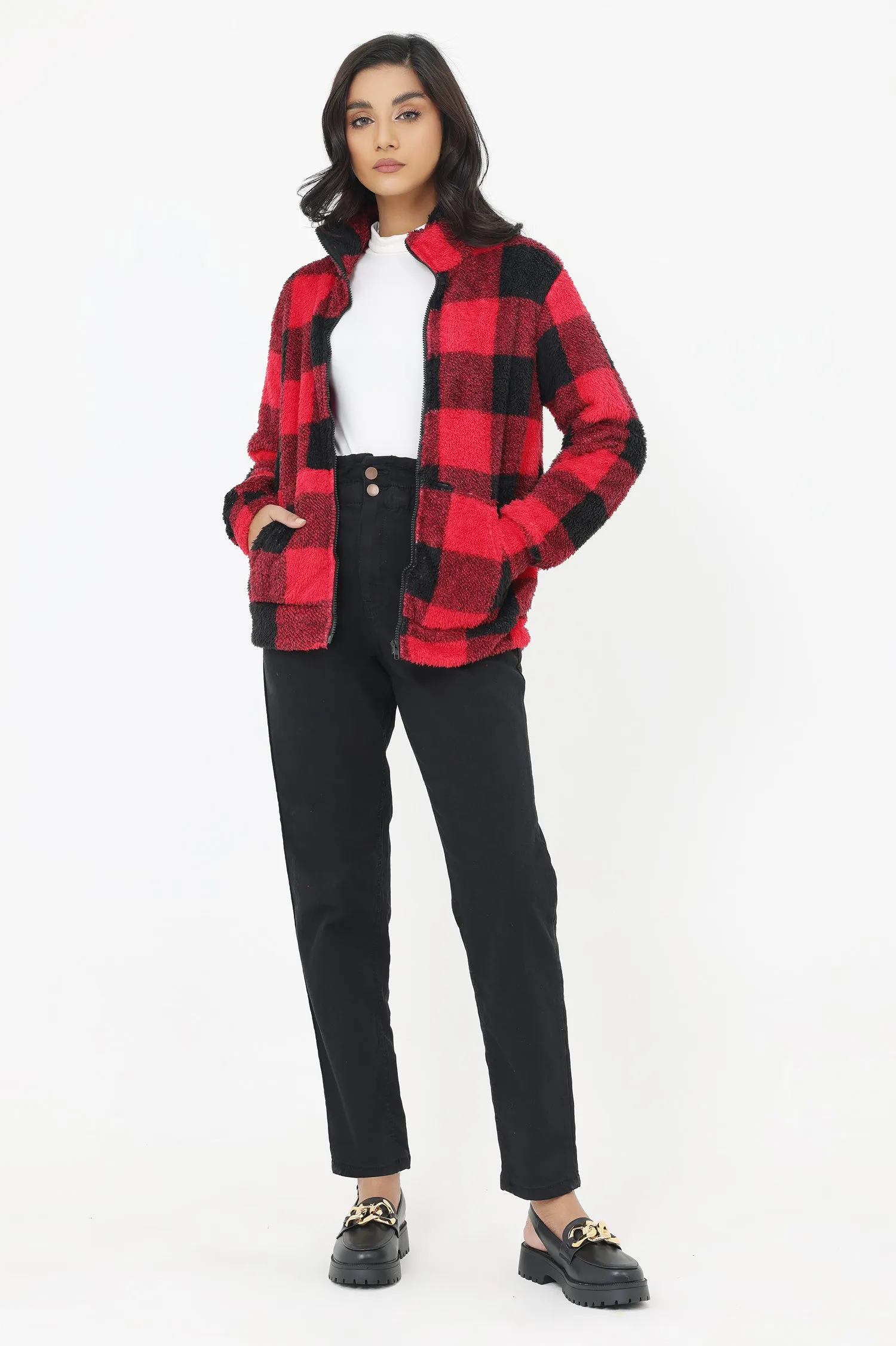 FLUFFY JACKET-BLK-RED