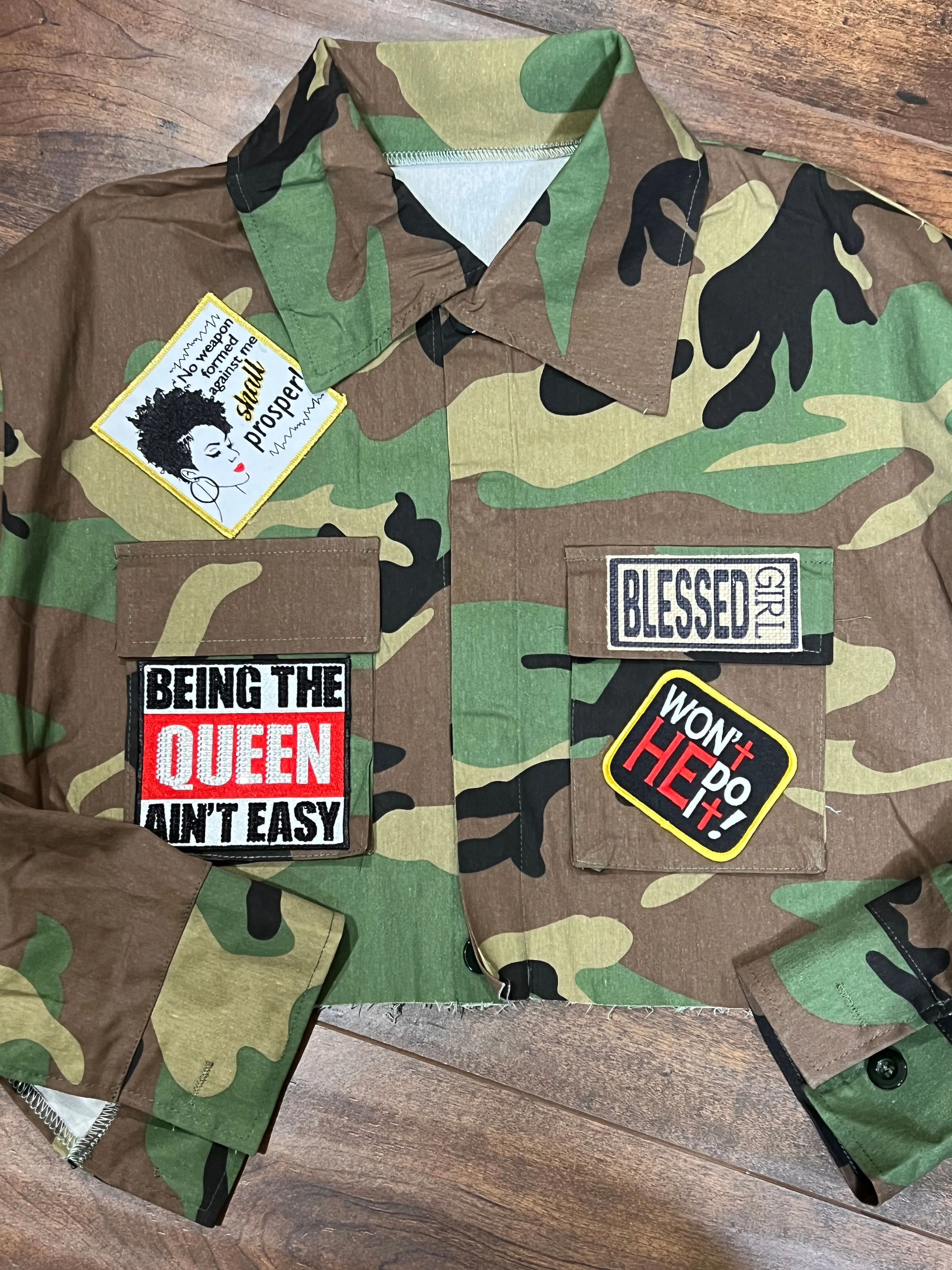 I Am Queen Crop Camo Jacket