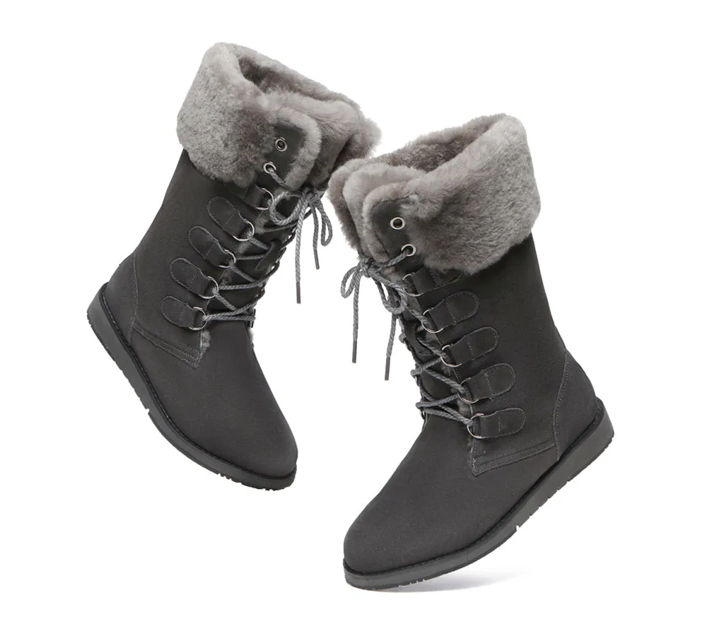 Lace Up Mid Calf Fashion Sheepskin Women Boots Becky