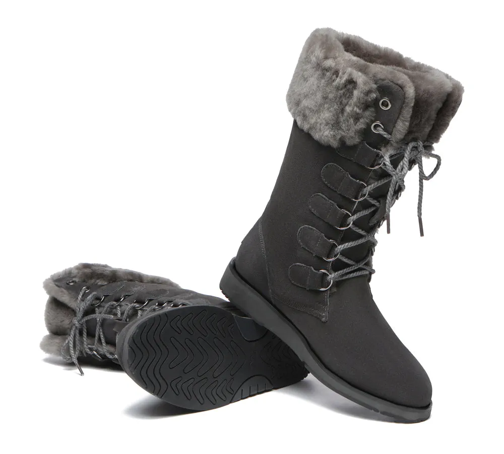 Lace Up Mid Calf Fashion Sheepskin Women Boots Becky