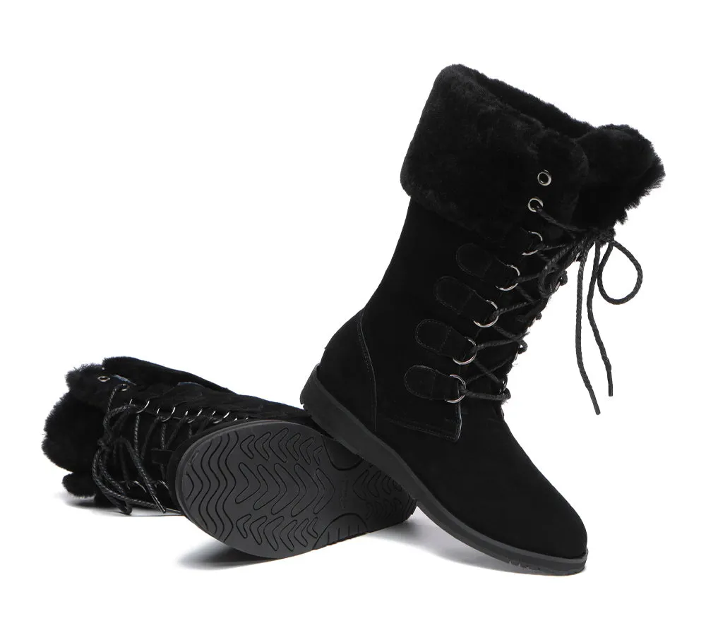 Lace Up Mid Calf Fashion Sheepskin Women Boots Becky