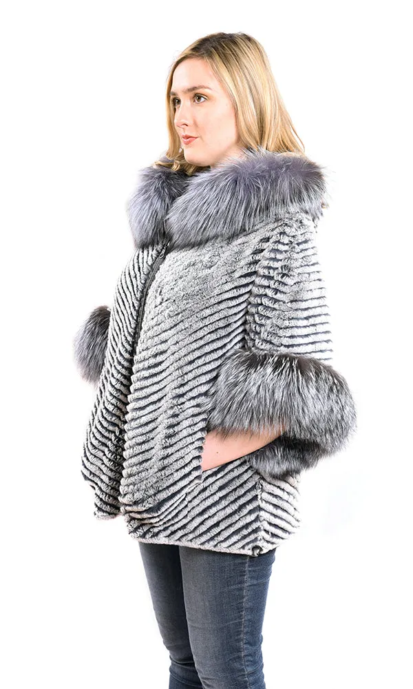 Layered rex poncho with hood silver fox trim