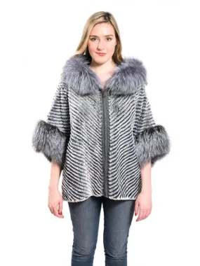 Layered rex poncho with hood silver fox trim