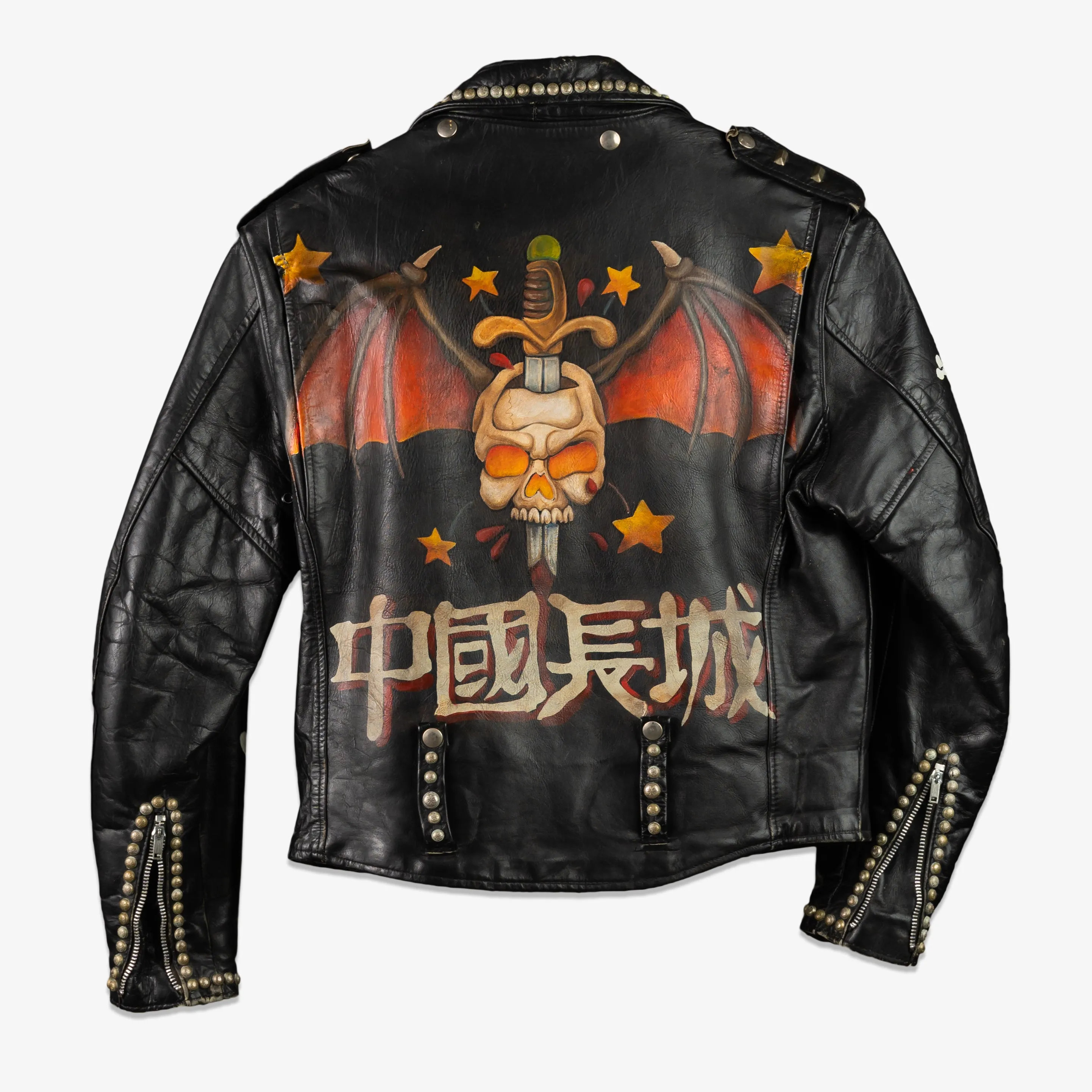 MOTOR CITY BAT SKULL PAINTED LEATHER JACKET