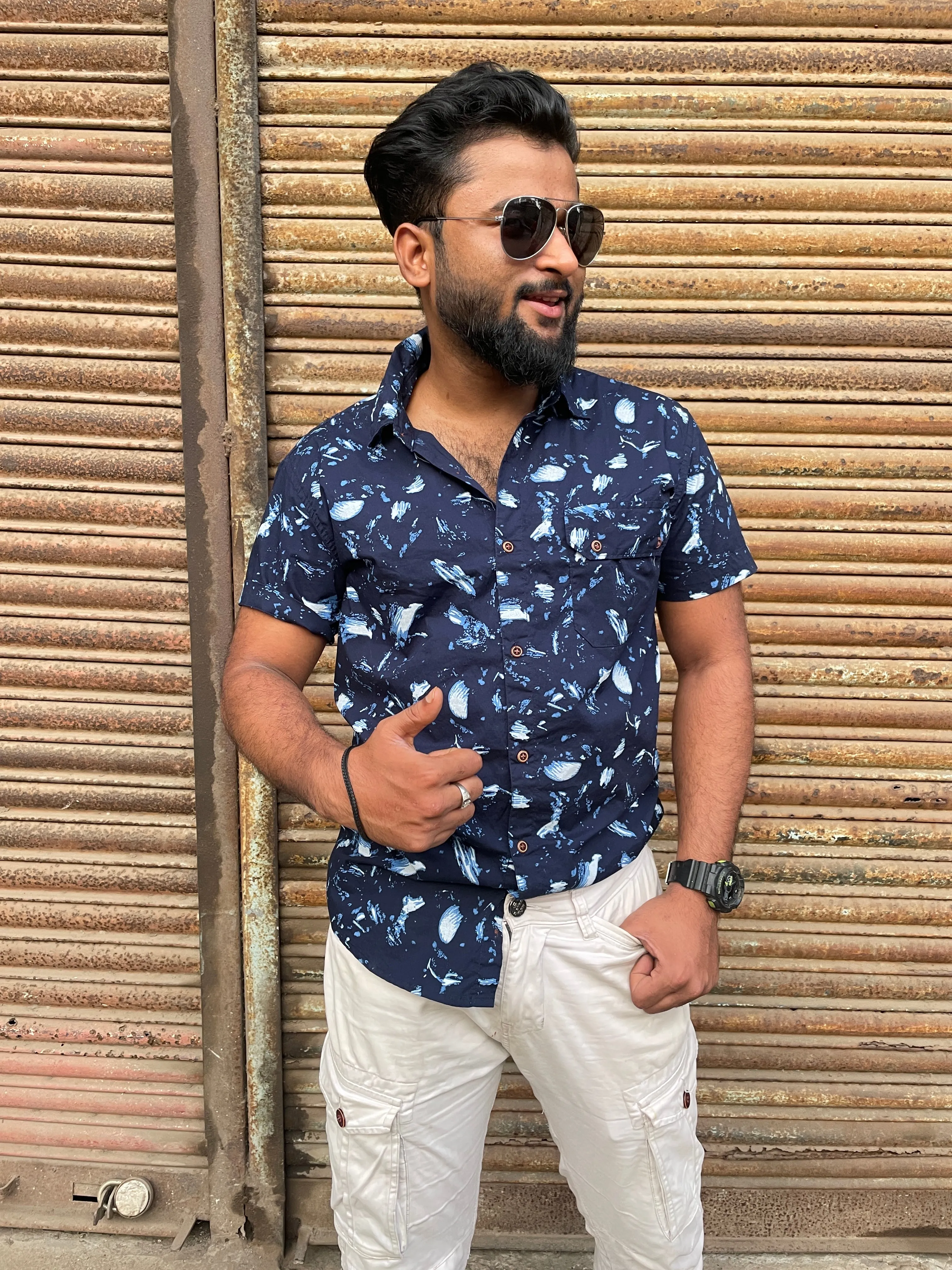 Navy Stretchable Printed Shirt