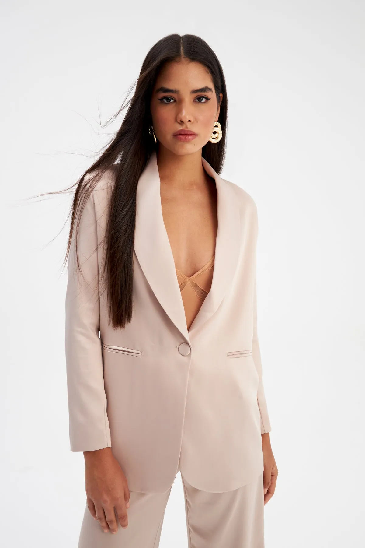 Shawl Collar Satin Jacket - Beige