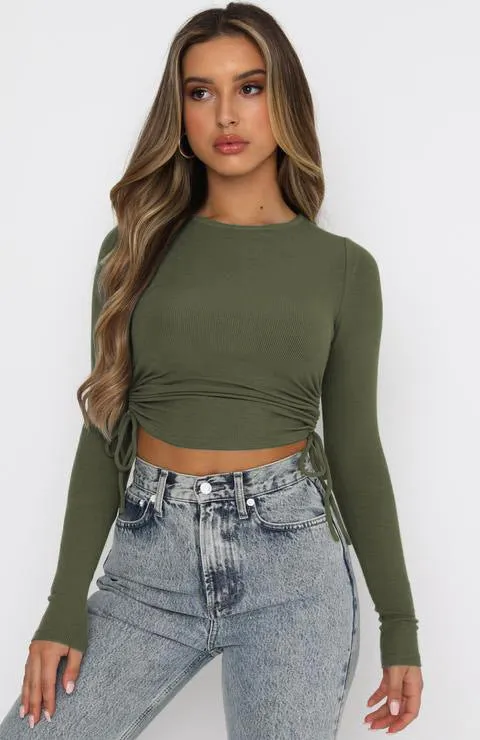 Solid Color Drawstring round Neck Long Sleeve Cropped T-shirt Street Tide Brand Thread Top