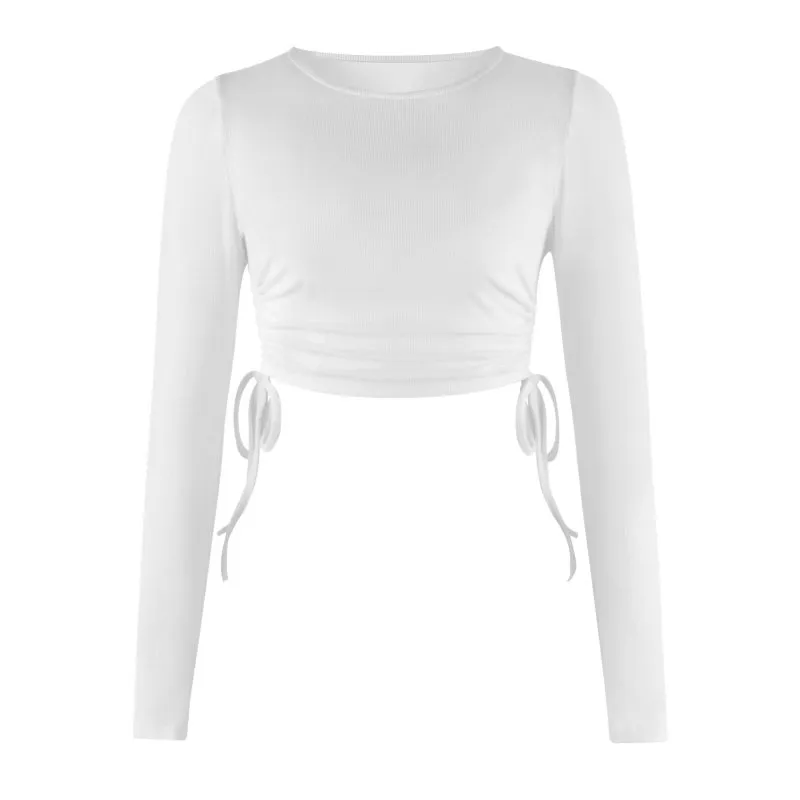 Solid Color Drawstring round Neck Long Sleeve Cropped T-shirt Street Tide Brand Thread Top