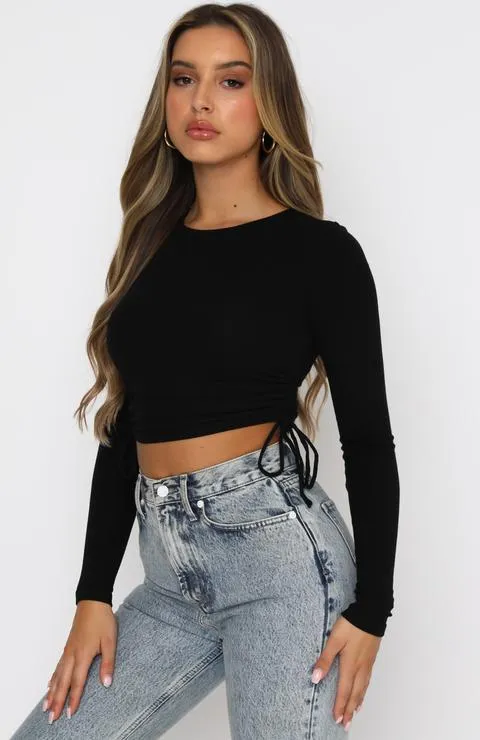 Solid Color Drawstring round Neck Long Sleeve Cropped T-shirt Street Tide Brand Thread Top