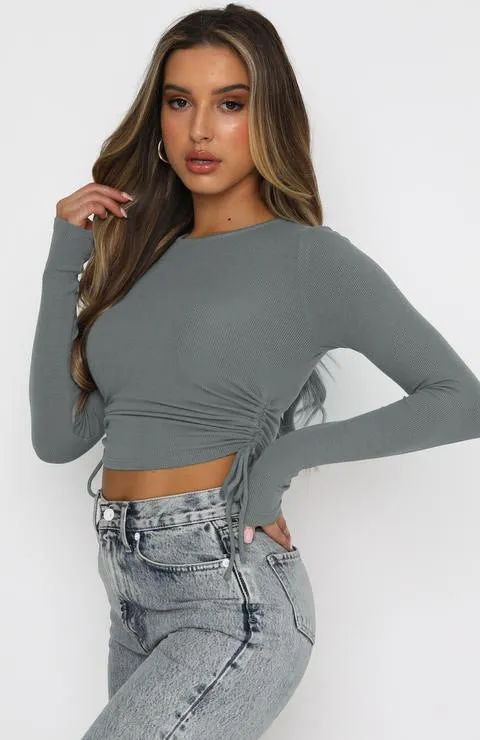 Solid Color Drawstring round Neck Long Sleeve Cropped T-shirt Street Tide Brand Thread Top