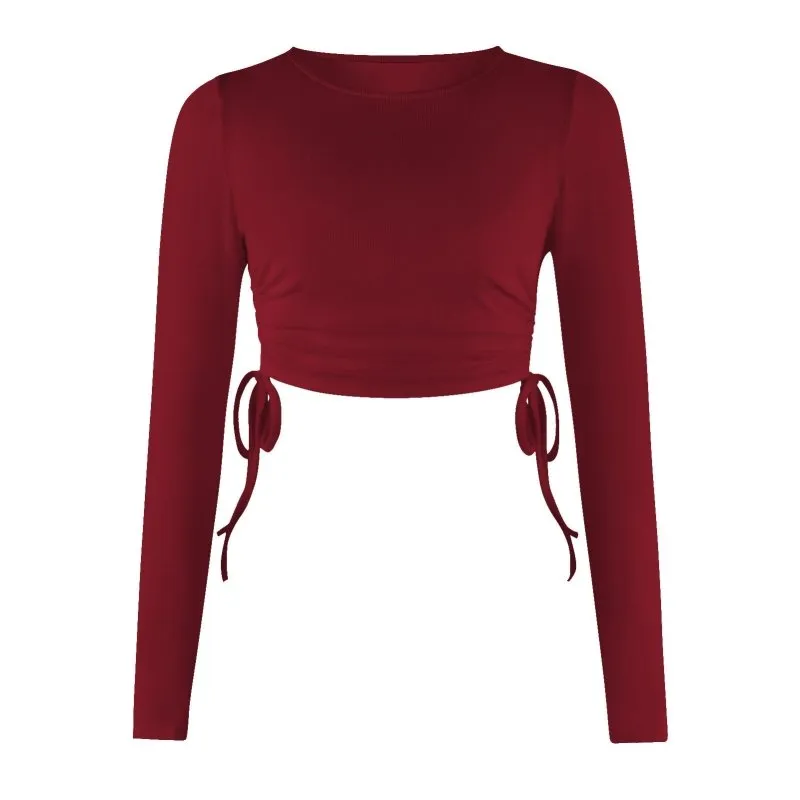 Solid Color Drawstring round Neck Long Sleeve Cropped T-shirt Street Tide Brand Thread Top