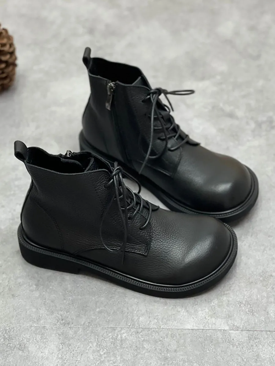 Women Autumn Solid Strap Zipper Genuine Leather Boots