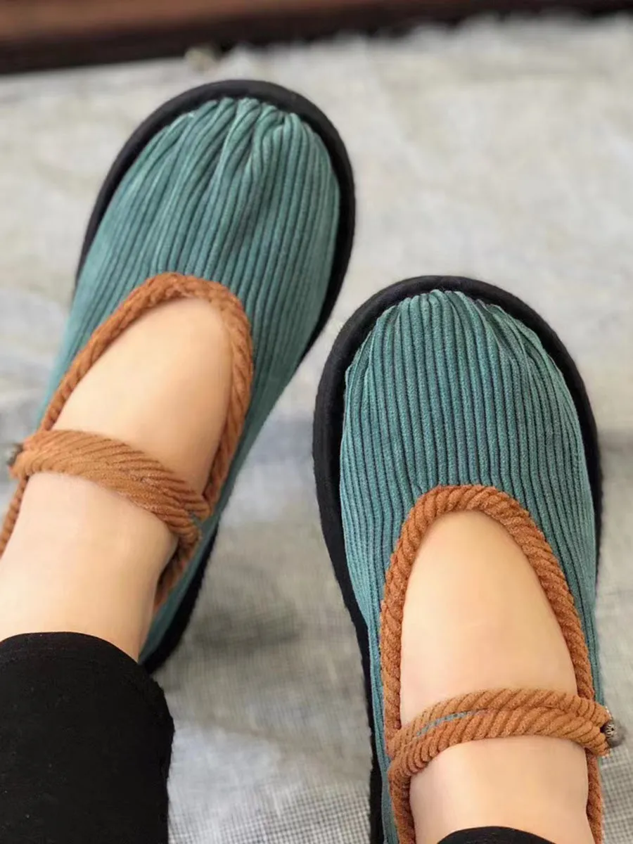 Women Ethnic Summer Colorblock Corduroy Flat Shoes